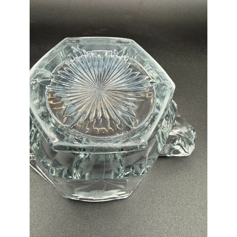 Vintage Heavy Glass Hexagon Creamer and Sugar Bowl Set Etched Floral Daisy